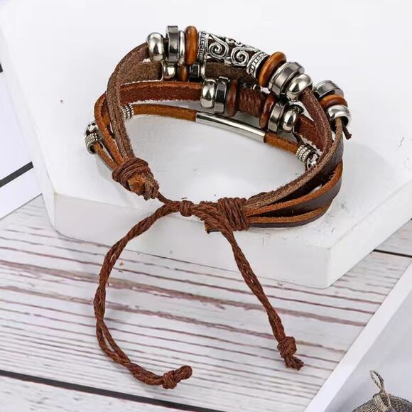 Moon Feather Multilayer Leather Bracelet Silver Tone Adjustable Punk Bohemian - Picture 3 of 5